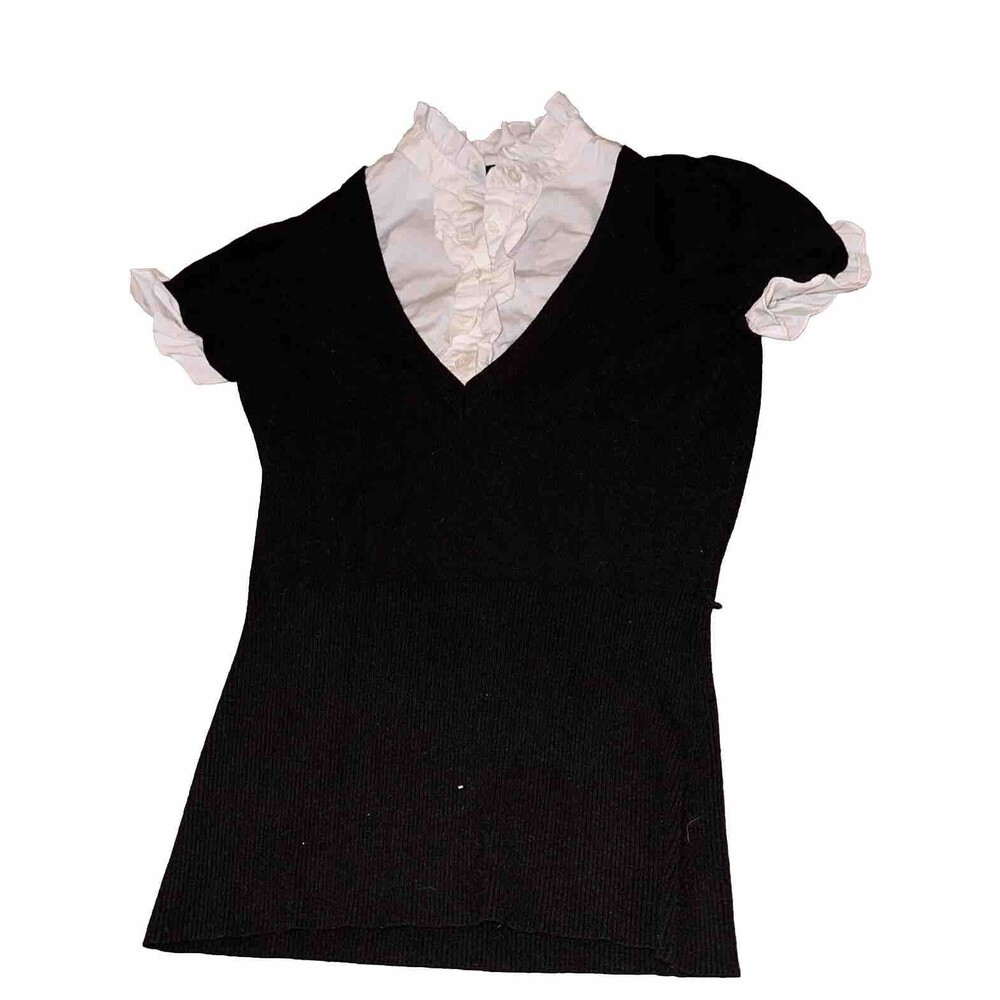 INC International Concepts Layered Sweater Top Mock Ruffle V Neck Y2K Black S